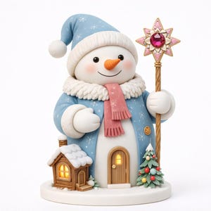 Op de afbeelding: Een grillig sneeuwpopbeeldje met een blauwe jas en hoed, een roze sjaal en een staf met een ster. Een klein huisje en een kerstboom staan aan de basis. De sneeuwpop heeft een wortelneus en een vriendelijke glimlach.