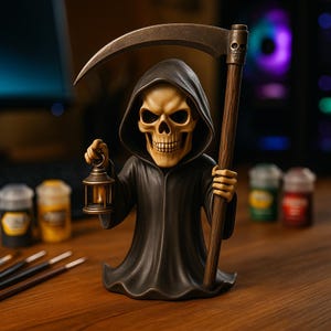 May include: A detailed figurine of the Grim Reaper, featuring a skull face, black hooded robe, and a scythe. The Reaper holds a lantern in one hand. The figure is on a wooden surface, with paint bottles and brushes in the background.