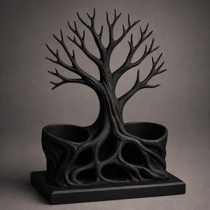 May include: A matte black desk organizer featuring a sculpted tree design with intricate branches and exposed roots. The base of the tree integrates two circular storage compartments, all mounted on a solid rectangular black platform.