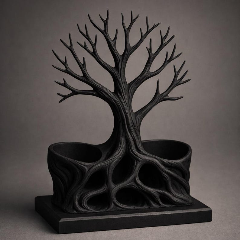 May include: A matte black desk organizer featuring a sculpted tree design with intricate branches and exposed roots. The base of the tree integrates two circular storage compartments, all mounted on a solid rectangular black platform.