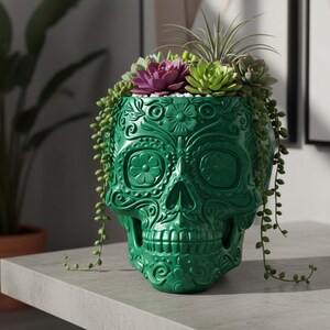 Pu&ograve; includere: Un vaso a forma di teschio verde con intricati disegni floreali. Il vaso &egrave; riempito con una variet&agrave; di piante grasse, tra cui una succulenta viola e verde pendente. Il vaso &egrave; realizzato in materiale lucido e poggia su una superficie grigia.