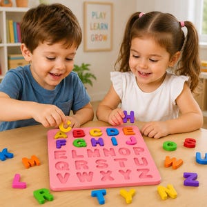 May include: Two children are playing with a pink wooden alphabet puzzle. The puzzle has colourful letters, and the children are smiling as they place the letters into the corresponding slots. The letters are approximately 2.5 cm in height.