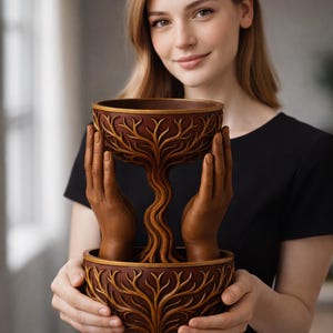 May include: A decorative, brown and gold-colored bowl with a tree-like sculpture and two hands. The bowl has an intricate tree branch design around the rim. The hands are sculpted and appear to be holding the tree.