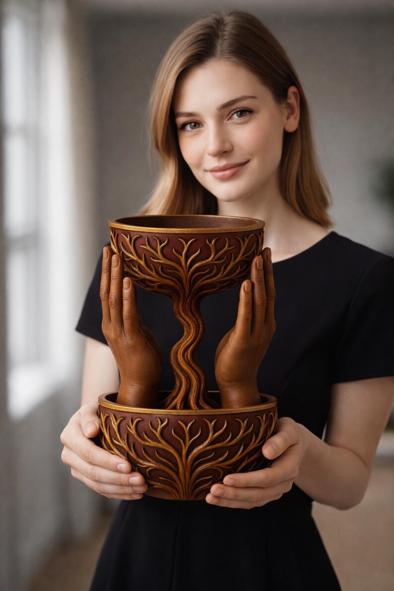 May include: A decorative, brown and gold-colored bowl with a tree-like sculpture and two hands. The bowl has an intricate tree branch design around the rim. The hands are sculpted and appear to be holding the tree.