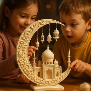 May include: A cream-coloured decorative crescent moon with a mosque and hanging lanterns. The intricate design features a mosque with domes and minarets, and small lanterns suspended from the moon's curve. Two children are looking at the object.