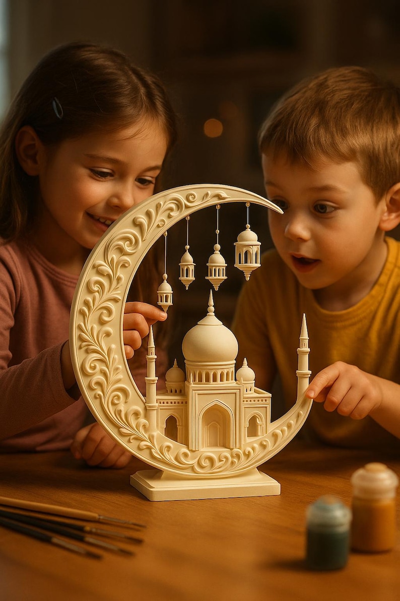 May include: A cream-coloured decorative crescent moon with a mosque and hanging lanterns. The intricate design features a mosque with domes and minarets, and small lanterns suspended from the moon's curve. Two children are looking at the object.