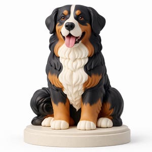 Può includere: Statuetta di un Bovaro del Bernese seduto, con espressione felice. Il cane ha pelo nero, bianco e marrone, una lingua rosa, e poggia su una base beige. Una rappresentazione dettagliata della razza.