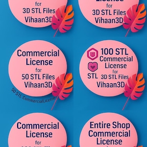 May include: Image showing pink circles with text detailing commercial license options for 3D STL files from Vihaan3D. Each circle has a stylized leaf in pink and orange against a blue backdrop.