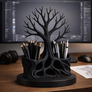 May include: A matte black desk organizer shaped like a tree with exposed roots, featuring two hollow compartments for holding writing instruments. The structure includes a central trunk and branching limbs, filled with various pencils and pens.