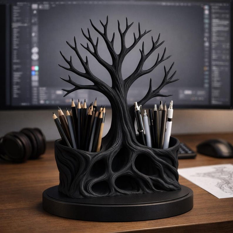 May include: A matte black desk organizer shaped like a tree with exposed roots, featuring two hollow compartments for holding writing instruments. The structure includes a central trunk and branching limbs, filled with various pencils and pens.