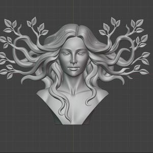 May include: A gray bust sculpture of a woman with long, flowing hair and branches with leaves extending from her head. The sculpture has a smooth finish and is set against a gray background.