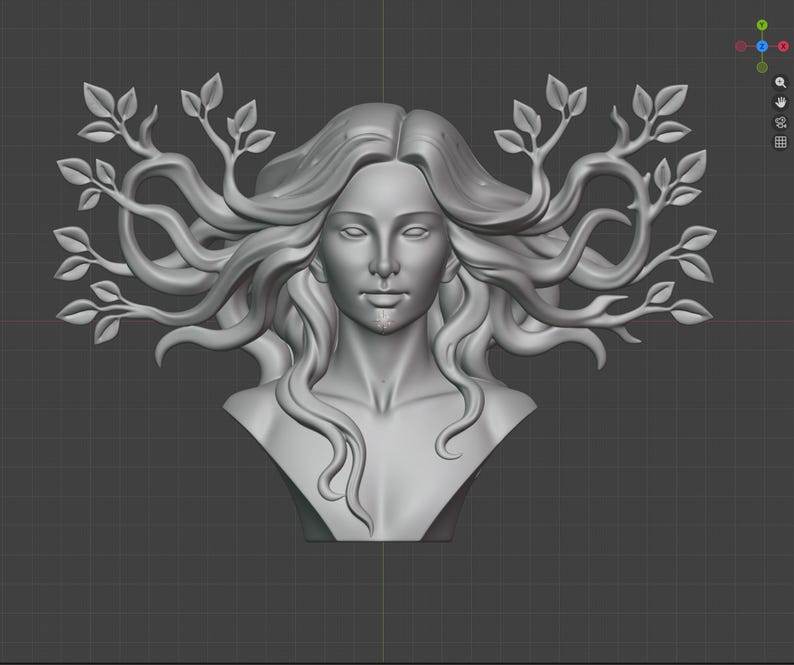 May include: A gray bust sculpture of a woman with long, flowing hair and branches with leaves extending from her head. The sculpture has a smooth finish and is set against a gray background.