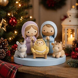Escena navideña Kawaii STL / Niño Jesús, María y José en el pesebre (Descarga digital)