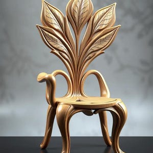 Puede incluir: Una silla de madera con un diseño único, con un respaldo en forma de hojas estilizadas. La silla tiene reposabrazos y patas curvadas, y el texto "STL- 3D FILE" es visible en la esquina superior izquierda.