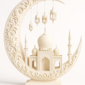 May include: Ivory-coloured decorative sculpture featuring a mosque and minarets set within a crescent moon. Intricate details include hanging lanterns and floral scrollwork. The base is a rectangular shape.