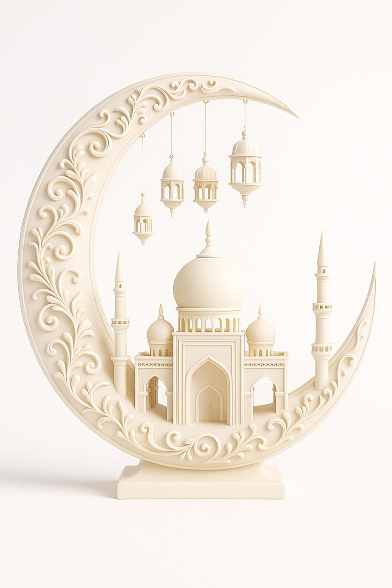 May include: Ivory-coloured decorative sculpture featuring a mosque and minarets set within a crescent moon. Intricate details include hanging lanterns and floral scrollwork. The base is a rectangular shape.