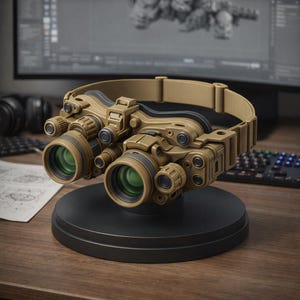 May include: Tan night vision goggles with green lenses are displayed on a black stand. The goggles have multiple dials and adjustments. The background includes a computer monitor, keyboard, and headphones.