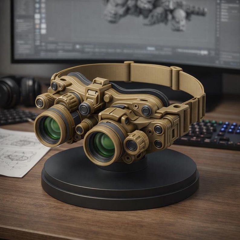 May include: Tan night vision goggles with green lenses are displayed on a black stand. The goggles have multiple dials and adjustments. The background includes a computer monitor, keyboard, and headphones.