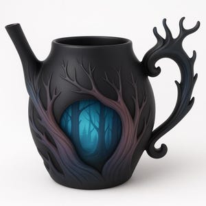 May include: Black ceramic teapot with a unique design. The teapot features a forest scene with a blue and teal background visible through a tree-shaped cutout. The handle and spout are also black, with a tree branch design.