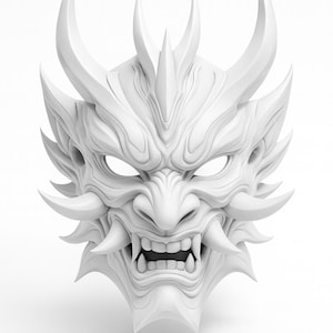 May include: A white, detailed Oni mask with sharp teeth, horns, and intricate facial features. The mask has a fierce expression and is designed with a textured surface. The mask is a decorative item.