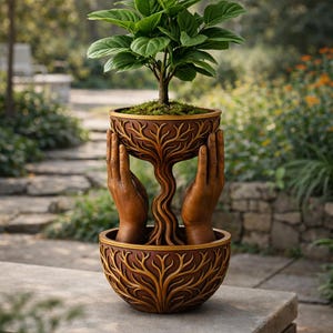 May include: A brown and gold decorative planter with a tree design, featuring a small green plant. The planter has a unique design with hands supporting the upper bowl. The tree's trunk flows from the lower bowl to the upper bowl.