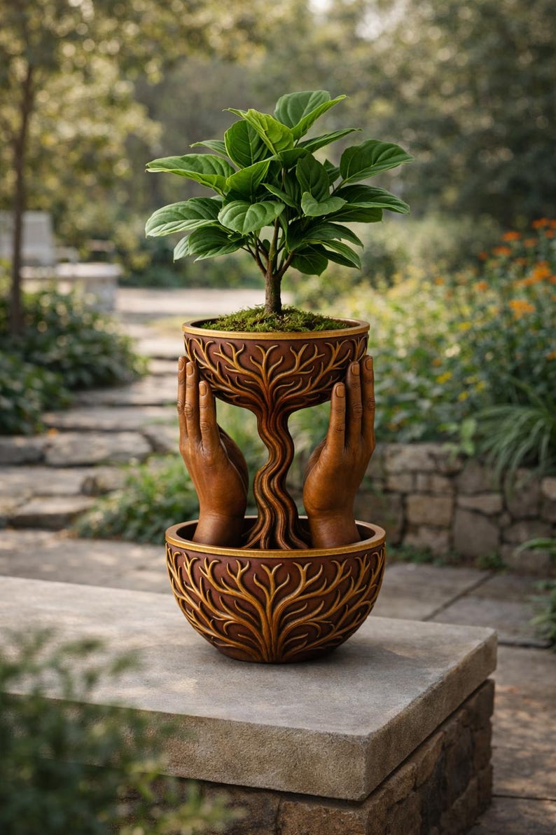 May include: A brown and gold decorative planter with a tree design, featuring a small green plant. The planter has a unique design with hands supporting the upper bowl. The tree's trunk flows from the lower bowl to the upper bowl.