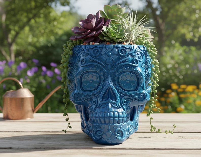 Pu&ograve; includere: Un vaso blu a forma di teschio con intricati disegni floreali, riempito con una variet&agrave; di piante grasse. Il vaso &egrave; appoggiato su una superficie di legno, con un annaffiatoio di rame sullo sfondo. Le piante grasse includono viola scuro, verde e piante pendenti.