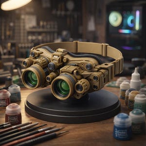 May include: A tan-colored night vision goggle device with green lenses, mounted on a black stand. The device has multiple dials and adjustments. Paint pots and brushes are visible on the wooden surface.