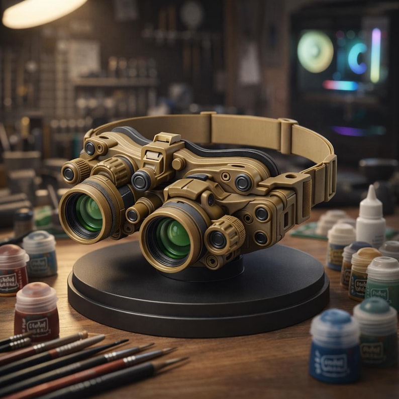 May include: A tan-colored night vision goggle device with green lenses, mounted on a black stand. The device has multiple dials and adjustments. Paint pots and brushes are visible on the wooden surface.