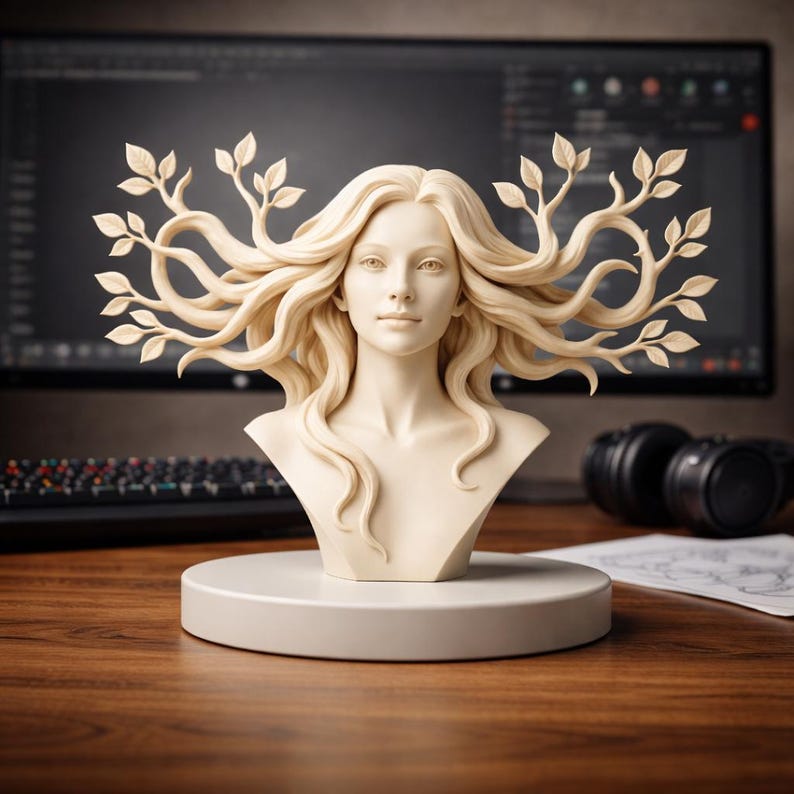 May include: A cream-colored bust of a woman with flowing hair and leafy branches extending from her head. The sculpture is on a round, light-colored base. The background includes a computer monitor, keyboard, and camera equipment.