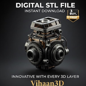May include: A detailed 3D rendering of a mechanical component, featuring gears, pipes, and a rectangular top. The image includes the text "DIGITAL STL FILE" and "INSTANT DOWNLOAD". The text "Vihaan3D" is also visible.