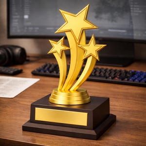 May include: A gold-colored trophy with three stars rising from a black base. The trophy has a gold plate for engraving. The stars are on curved stems, suggesting upward movement. The trophy sits on a wooden desk.