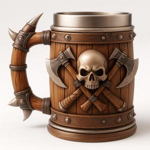 May include: A decorative beer stein with a wooden barrel design, featuring a skull and crossed axes. The handle is adorned with metal spikes. The top and rim are made of metal.