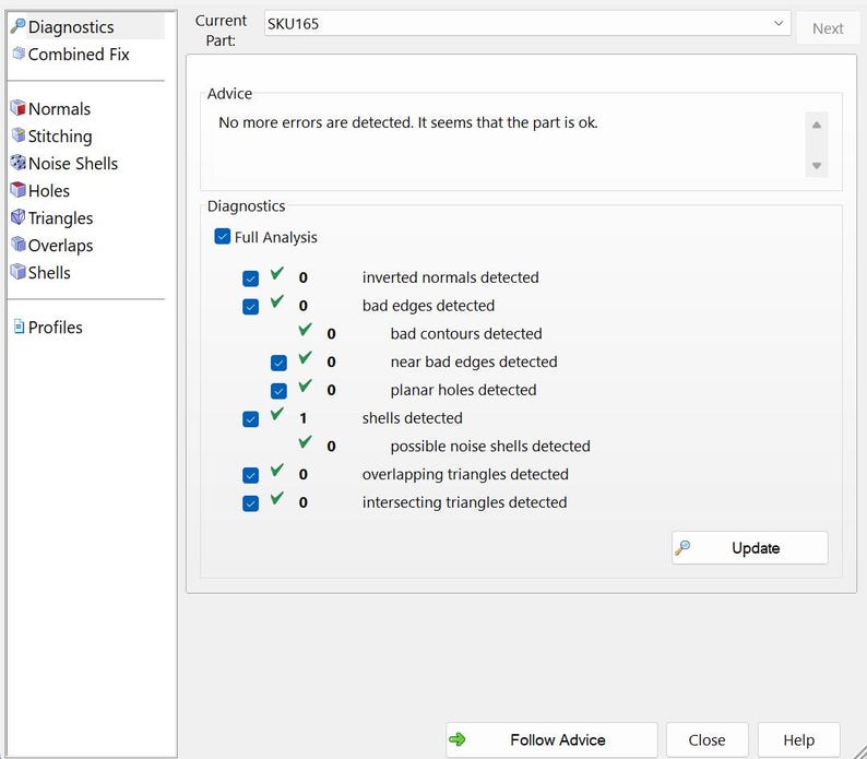 May include: A software interface screenshot displaying "Diagnostics" and "Full Analysis." The analysis results show detected issues like inverted normals and bad edges. The text "No more errors are detected" is also visible, indicating a successful part check.