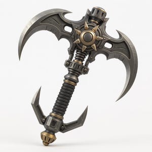 May include: A detailed, metallic fantasy weapon with a curved blade and intricate design. The weapon features a dark grey finish with bronze accents, a spiralled grip, and a central sunburst-like emblem. The overall design suggests a battle axe or similar tool.