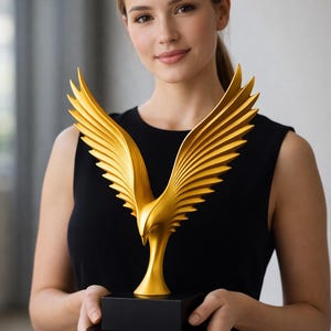 May include: A gold-colored eagle sculpture with outstretched wings, mounted on a black rectangular base and a round base. The sculpture has detailed feathering and is held in front of a person wearing a black dress.