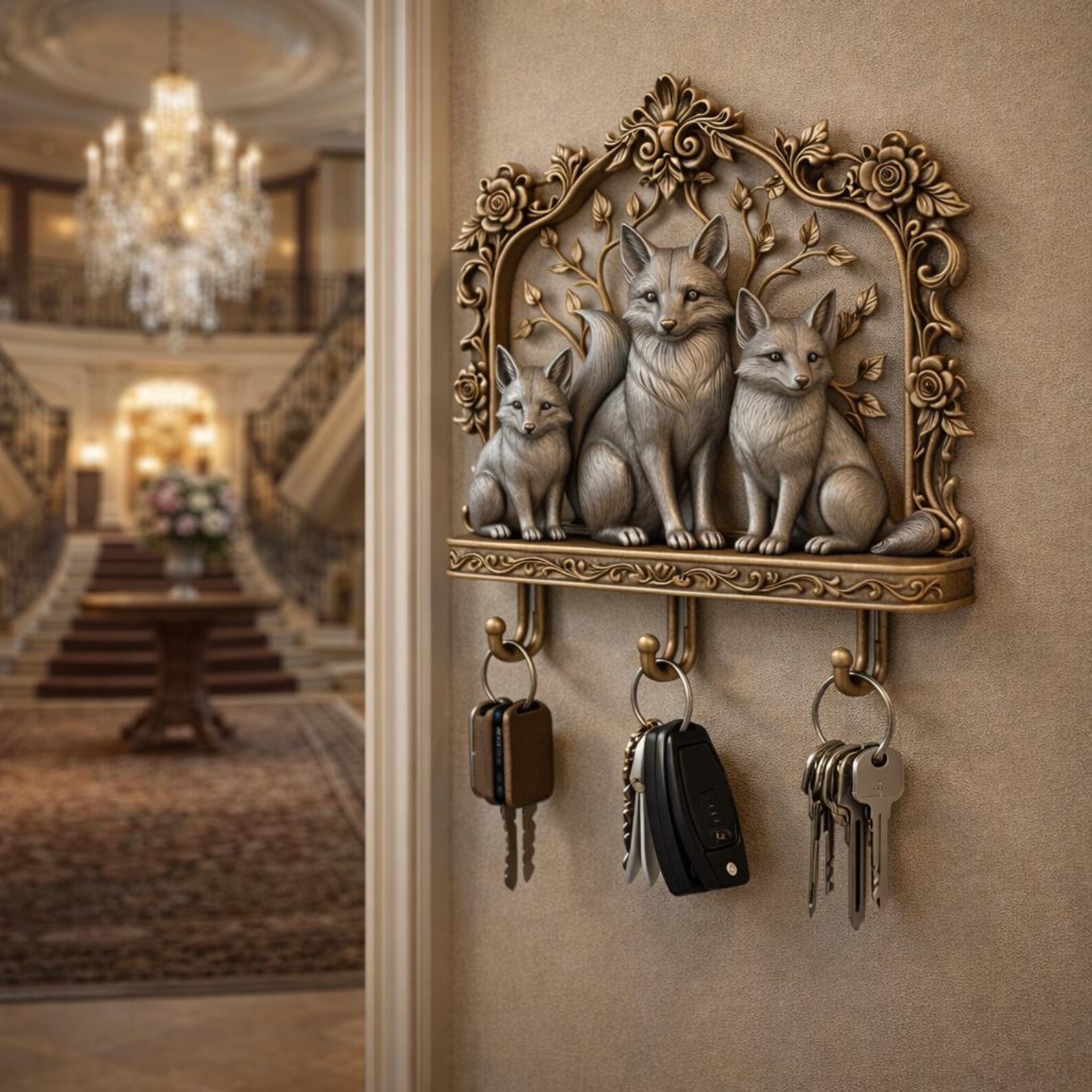 Fox Family Key Holder STL | Decorative Wall Key Rack 3D Print File