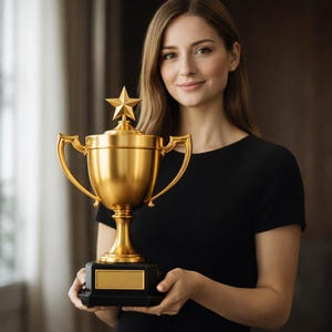 Könnte beinhalten: Eine goldfarbene Trophäe mit einem Stern oben, gehalten von einer Person. Die Trophäe hat einen schwarzen Sockel mit einer goldenen Platte. Die Trophäe ist ein Symbol für Erfolg und Anerkennung.