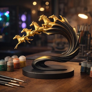 Galloping Horses Wave Sculpture STL, Elegant Horse Art 3D Model, Premium Collectible Statue, Printable Home Decor, Digital Download