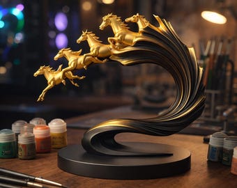 Galloping Horses Wave Sculpture STL, Elegant Horse Art 3D Model, Premium Collectible Statue, Printable Home Decor, Digital Download
