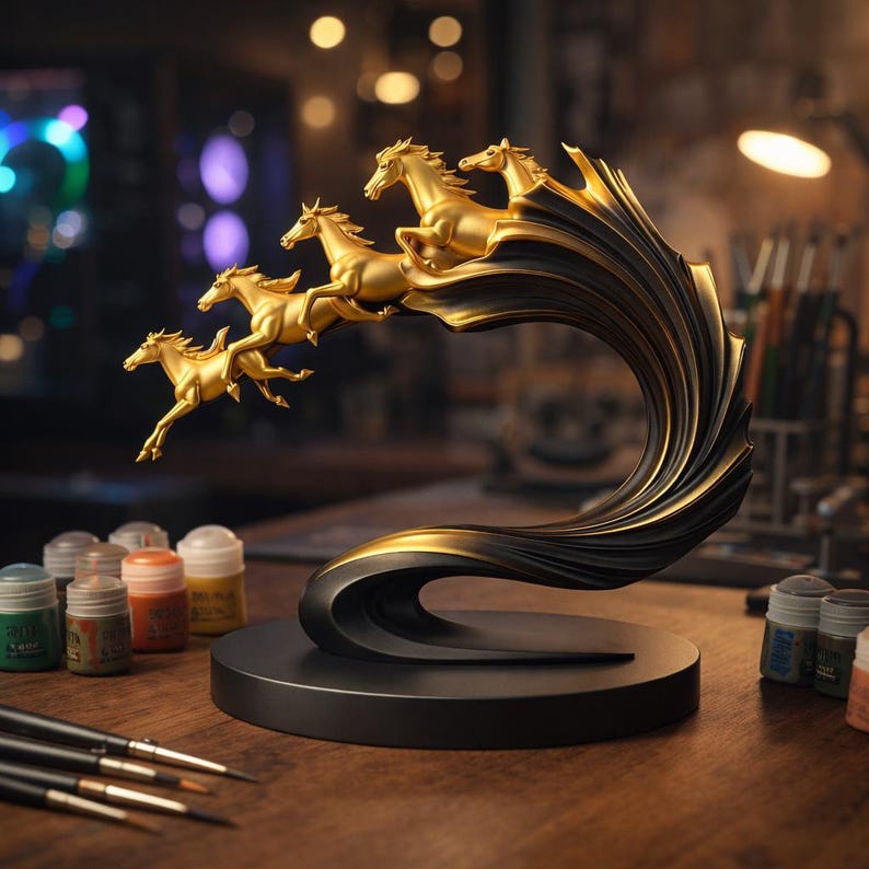 Galloping Horses Wave Sculpture STL, Elegant Horse Art 3D Model, Premium Collectible Statue, Printable Home Decor, Digital Download image 1