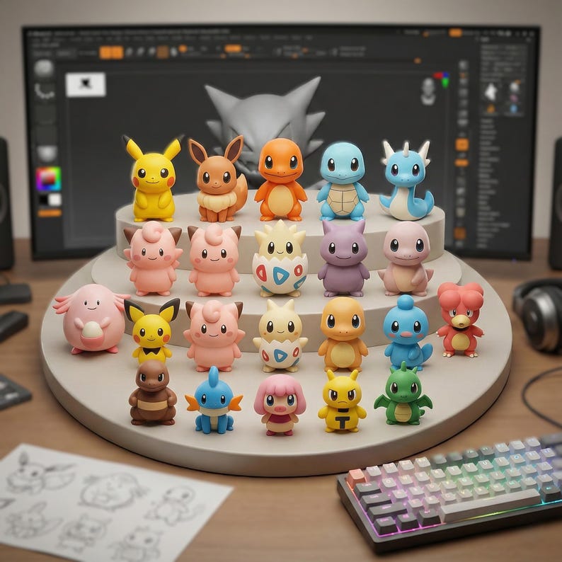May include: A collection of colorful Pok&eacute;mon figurines, including Pikachu, Charmander, and Squirtle, arranged on a tiered display. The figures are in various poses and colors, with a computer screen and keyboard in the background.