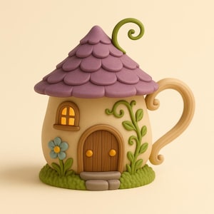 Pode incluir: Uma caneca extravagante em forma de casa de fadas. Apresenta um telhado roxo, uma porta de madeira e uma videira verde com folhas. Uma flor azul e uma pequena janela adicionam charme. A alça é curva e castanho-claro.