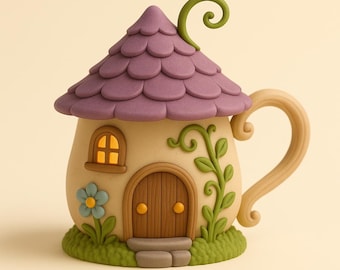 May include: A whimsical, handcrafted mug shaped like a fairy house. The mug features a purple roof, a wooden door, and a green vine with leaves. A blue flower and a small window add to the charm. The handle is a curved, light brown color.