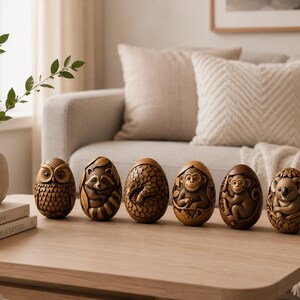 May include: A set of six brown egg-shaped figurines, each featuring a detailed relief carving of a different animal: an owl, a raccoon, a pangolin, a monkey, a chimpanzee, and a koala, all arranged in a row on a flat wooden surface.