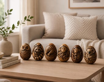 Paquete de archivos STL de huevos de animales: modelos imprimibles en 3D de búho, mapache, mono, koala y pangolín.