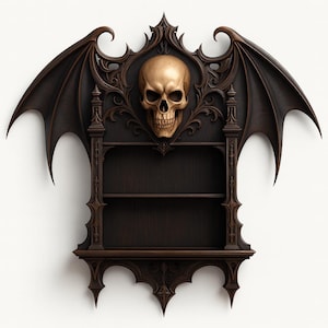 May include: A dark brown, gothic-style wall shelf featuring a gold skull and bat wings. The wooden shelf has two levels and intricate detailing. The design is ornate, with a focus on gothic and macabre themes, suitable for displaying items.