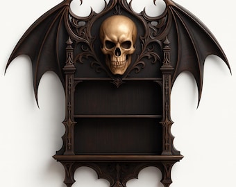 Estante de alas de calavera gótica STL / Decoración de pared de fantasía oscura / Expositor de terror imprimible en 3D / Estante de calavera coleccionable descarga digital