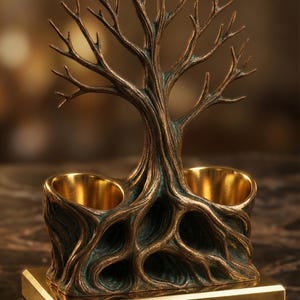 May include: A bronze-toned desk organizer featuring a sculpted tree with exposed roots forming two circular, gold-lined compartments. The entire structure is mounted on a rectangular, polished gold-colored base with a smooth, reflective surface.