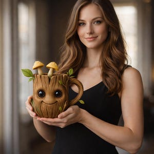 May include: A brown ceramic mug with a smiling face and tree-like texture, featuring two yellow-capped mushrooms and green leaves. The mug has a handle and is designed to resemble a tree. A unique and whimsical item.